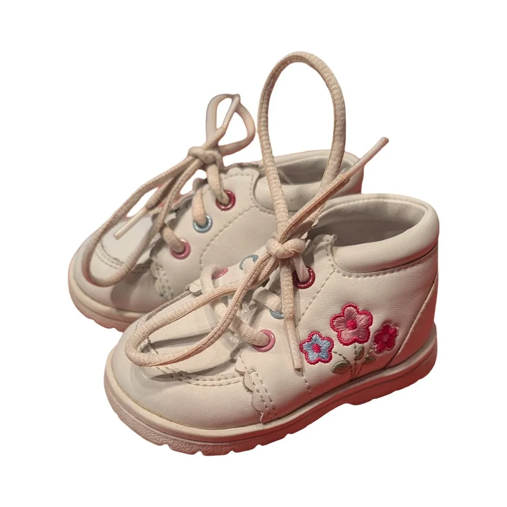 Y2K Baby Smart White Floral Embroidered High Top First Walker Shoes Pink Size 3‎